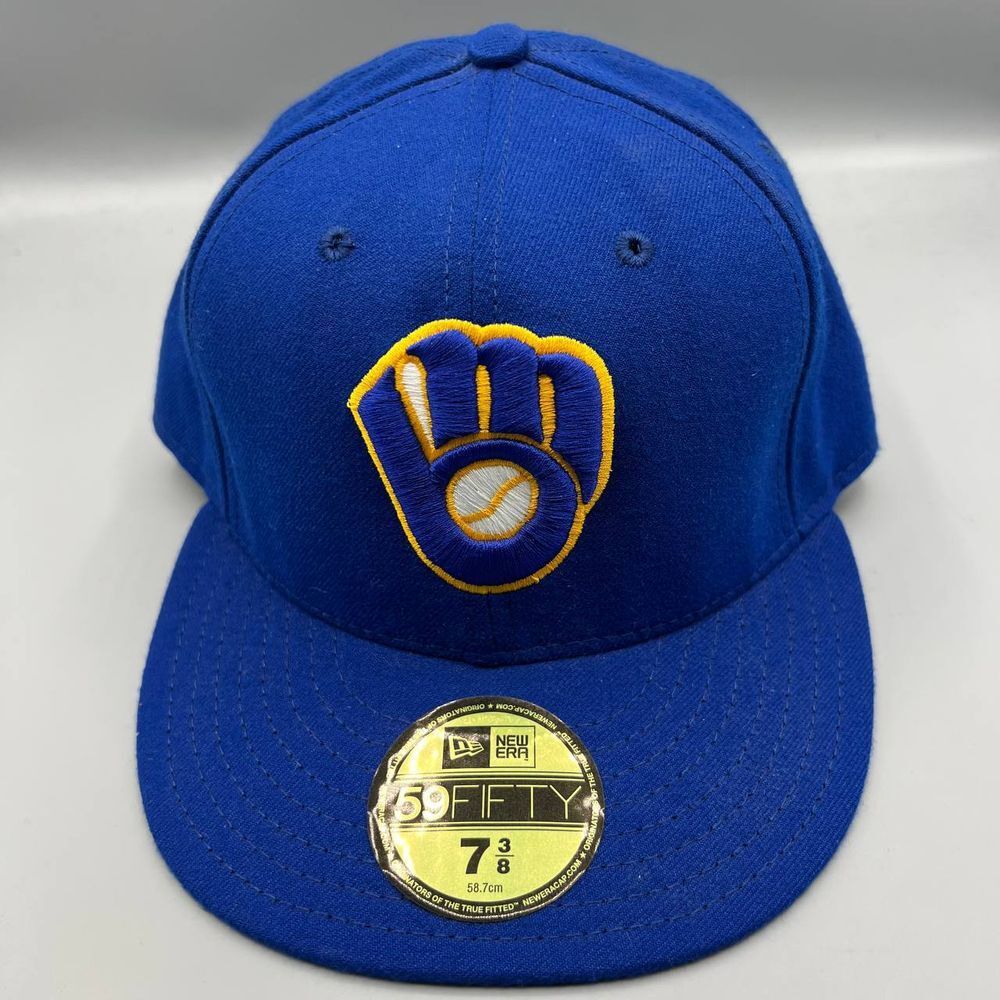 Milwaukee Brewers Hat Men 7 3/8 Blue Black 59Fifty New Era Fitted Cap